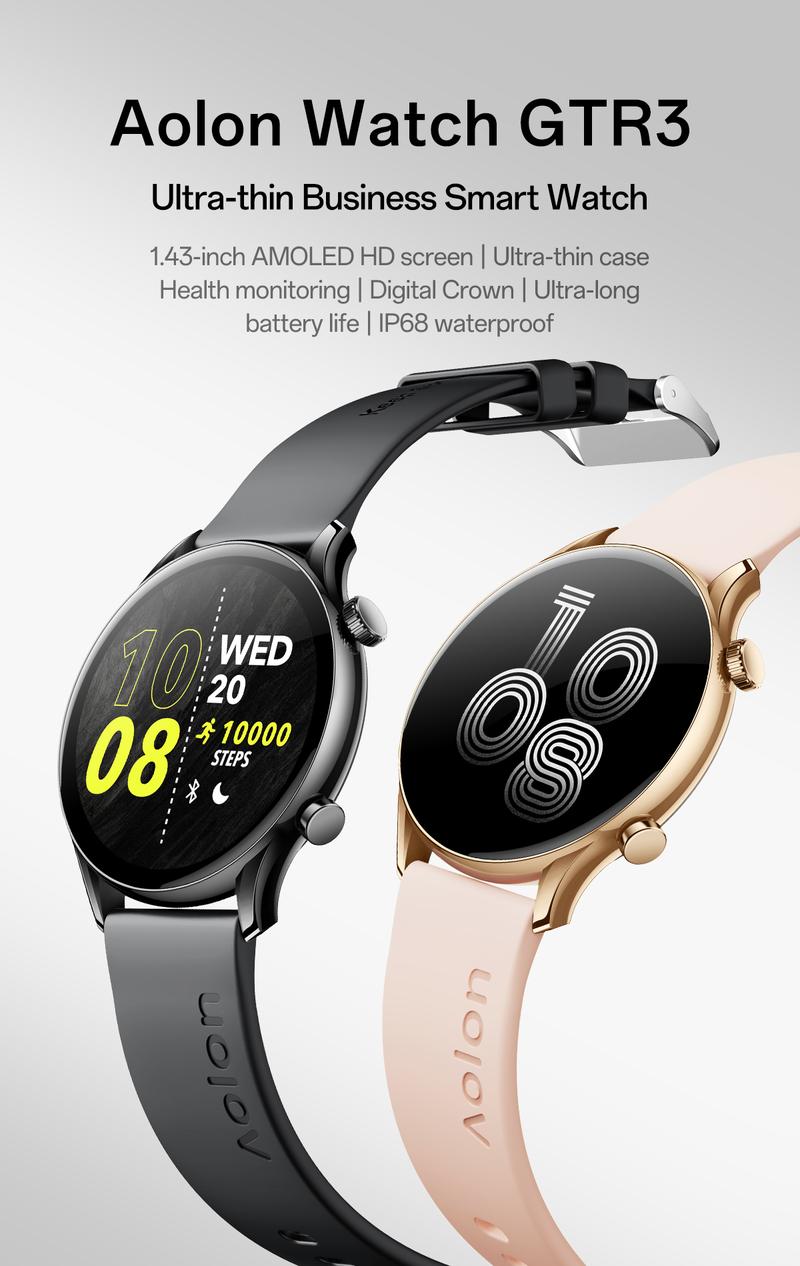 Aolon GTR3 Smartwatch — a perfect Valentine’s Day gift, 1.43" AMOLED HD display, AOD, heart rate monitoring, 110+ sports modes, waterproof, and up to 120-hour battery life. Compatible with iOS & Android, multiple colors, USB rechargeable, for Women & Men