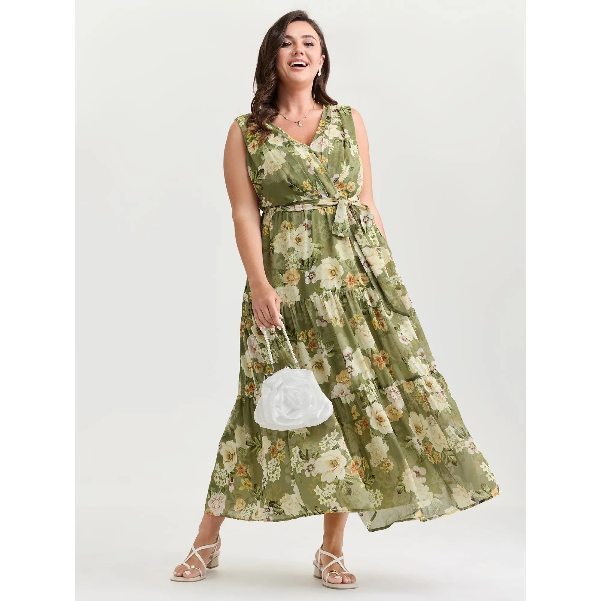 【Easter's Haul】【Cottagecore Dress】 Bloomchic Large Floral Print Waist-Tie Tiered Maxi Dress 2026 Spring Break Gift For Easter's Day Mother's Day