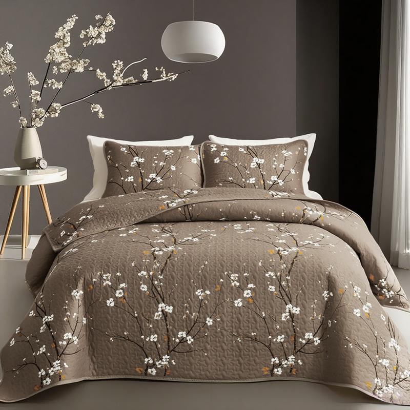 3 Spring and summer flower quilt sets (1 quilt +2 pillowcases, Without Pillow Core), light beige soft, breathable and warm bedding, suitable for all seasons, bedroom bedding, air-conditioned cotton quilt, lightweight and comfortable, home decoration gift