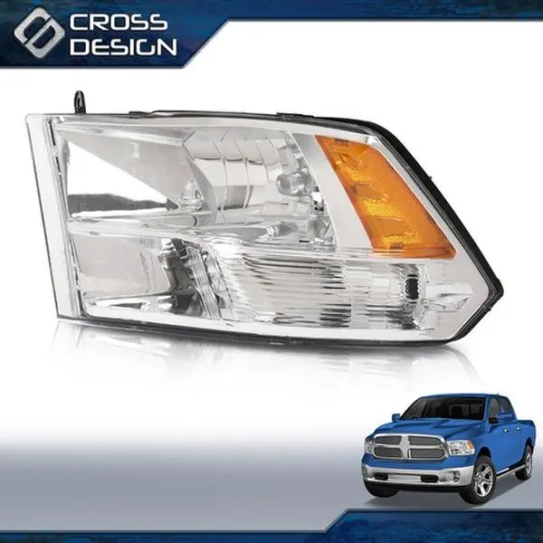 CROSSDESIGN New Left-Side Quad Amber Chrome Automotive Vehicle Headlight Assembly - Single Unit Plug-and-Play Quad Lamp Lighting Replacement, Easy-Install Part For 2009-2018 Dodge Ram 1500,2500,3500,5500, 1-Year Warranty