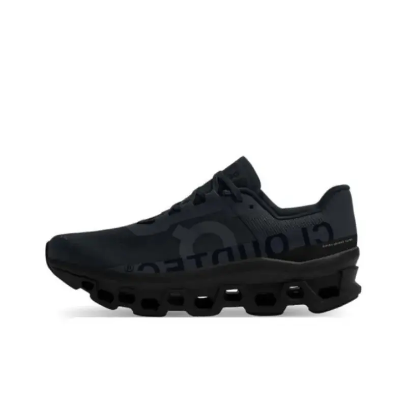 Unisex All Black Letter Print Fly Knit Running Sneakers, Oversized Hollow Wave Thick Cushion Shock Absorb Athletic Trainers, Breathable Lightweight Lace Up Jogging Walking Shoes For Street Gym Daily Commute Men Women