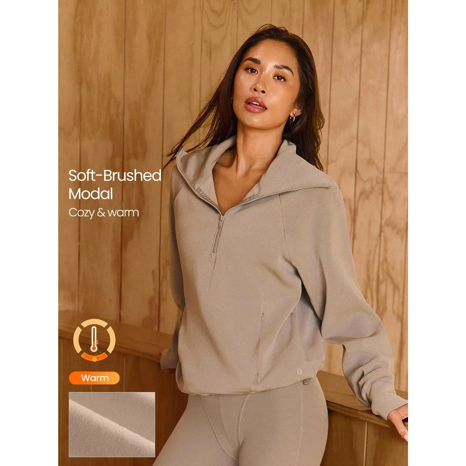 GLOWMODE Modal Get Comfy Ultra-Soft Smooth Loose Fit Contour Seams Adjustable Hem Zipper Pockets Half-Zip Pullover Daily Casual Wear