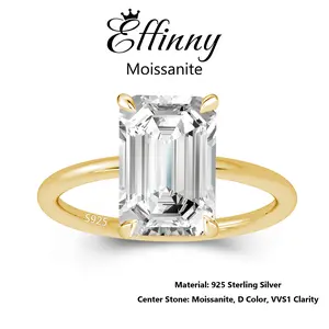 Effinny 3.5 Carat Synthetic Moissanite Excellent Rectangle Cut Solitaire Golden Plated Engagement Ring, D Color VVS1 Sterling Silver Women's Jewelry for Daily, Wedding, Party