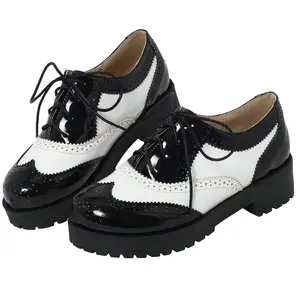 Women's Chunky Heel Platform Oxford Shoes Lace Up Vintage Round Toe Brogue Wingtip Oxfords Patent Leather Rubber Sole Christmas Gifts Footwear Classic Elegant Stylish