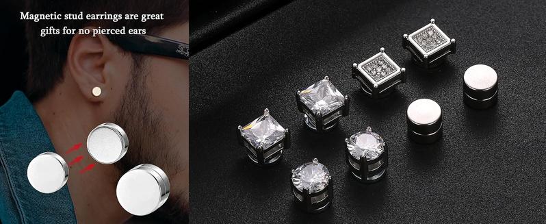 CASSIECA 4Pairs Magnetic Stud Earrings For Men Women Stainless Steel CZ Earrings Studs Square Round Non-Piercing Clip On Stud Earrings Set For Male 6mm 7mm 8mm