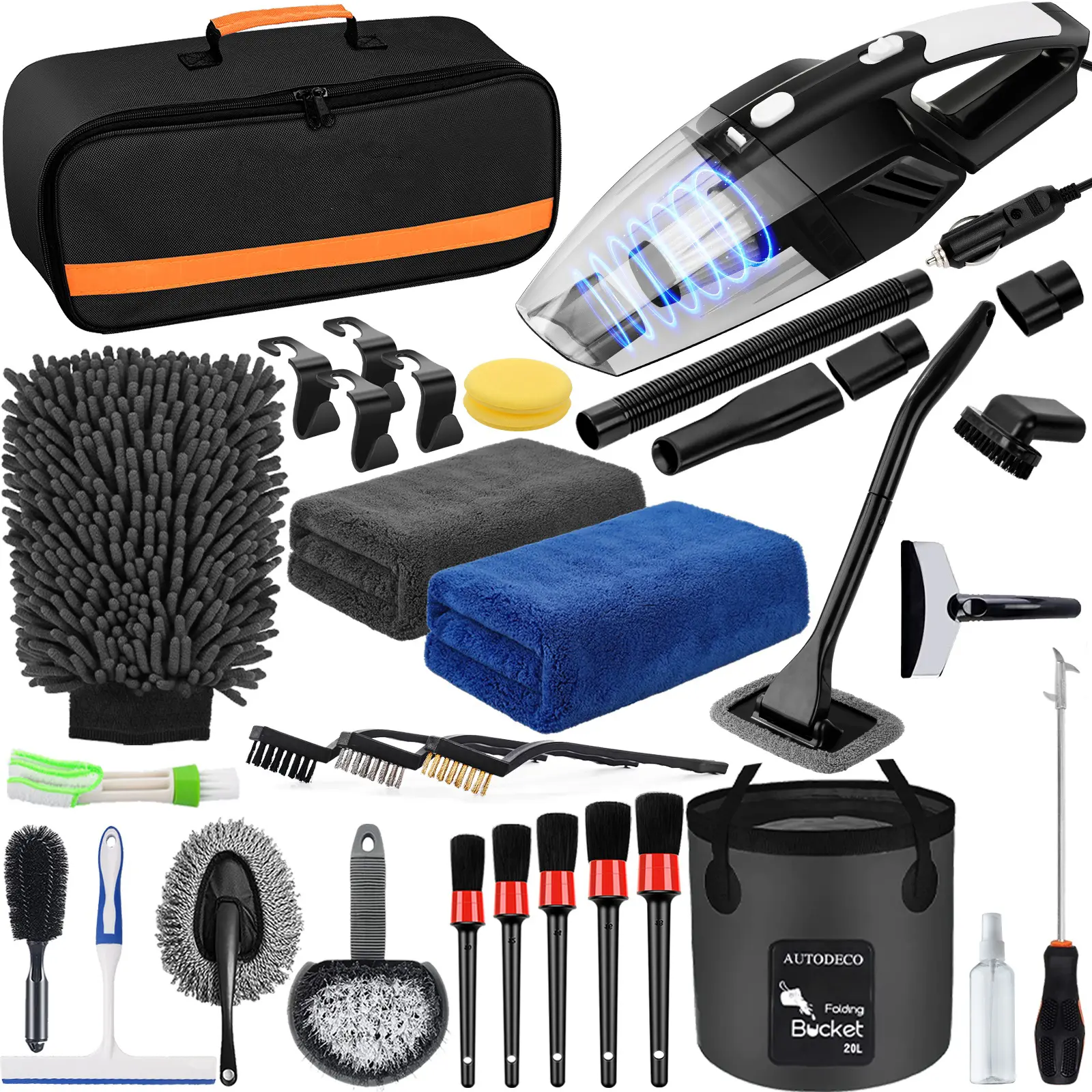 Detailing Set with High-Powered Handheld Car Vacuum, Foldable Bucket, Windshield Tools, Snow Shovel, Tire Brush & Full Car Care Tools, Ideal Holiday Gift for Families Car Cleaning Supplies Car Care Detailer Car Cleaner