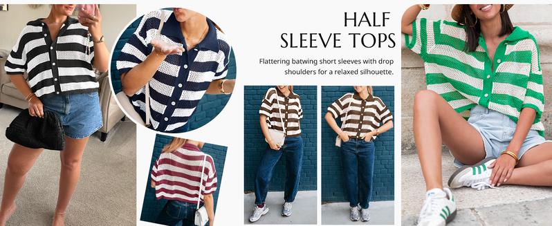 Cicy Bell Womens Summer Striped Crochet Cardigan Sweater Half Sleeve Button up Tops Loose Fit Cover Up