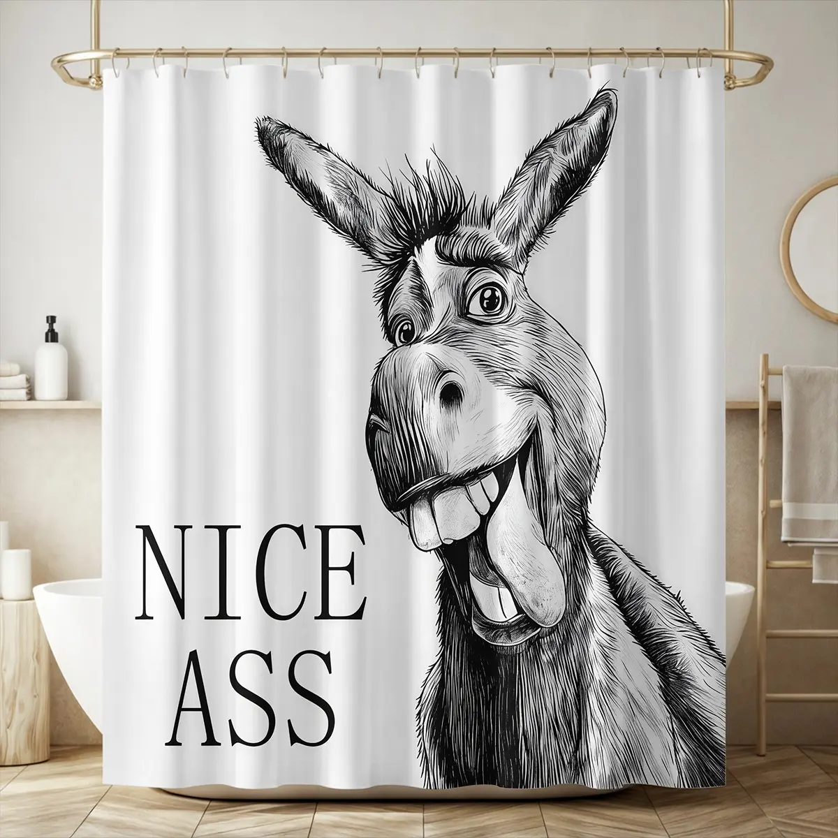 1/4pcsHumorous Donkey 'NICE ASS' Bathroom Decorative Shower Curtain Set - 4 Piece (Curtain, Bath Mat, Toilet Seat Cover, Decor Card) - Black & White Cartoon Art, Bold Text, Modern Clean Bathroom Decor - Ideal for Funny Gift or Home Accent