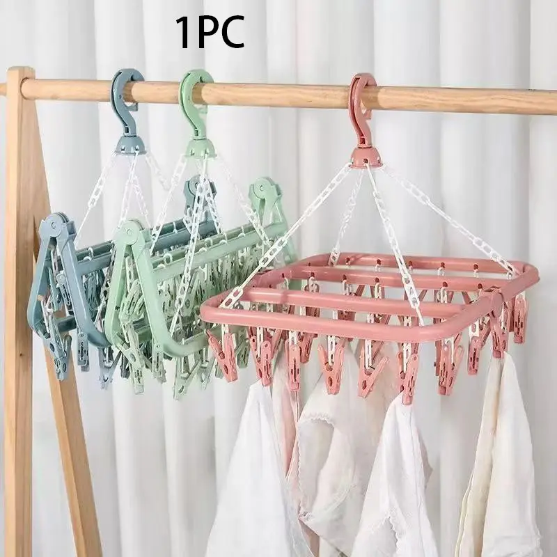1pc Foldable Plastic Hanger with 32 Clips Multi Functional Windproof Socks Clips and Drying Hanger Clothes Hanger Hangers Space Saving Multifunctional Clothes Hanger