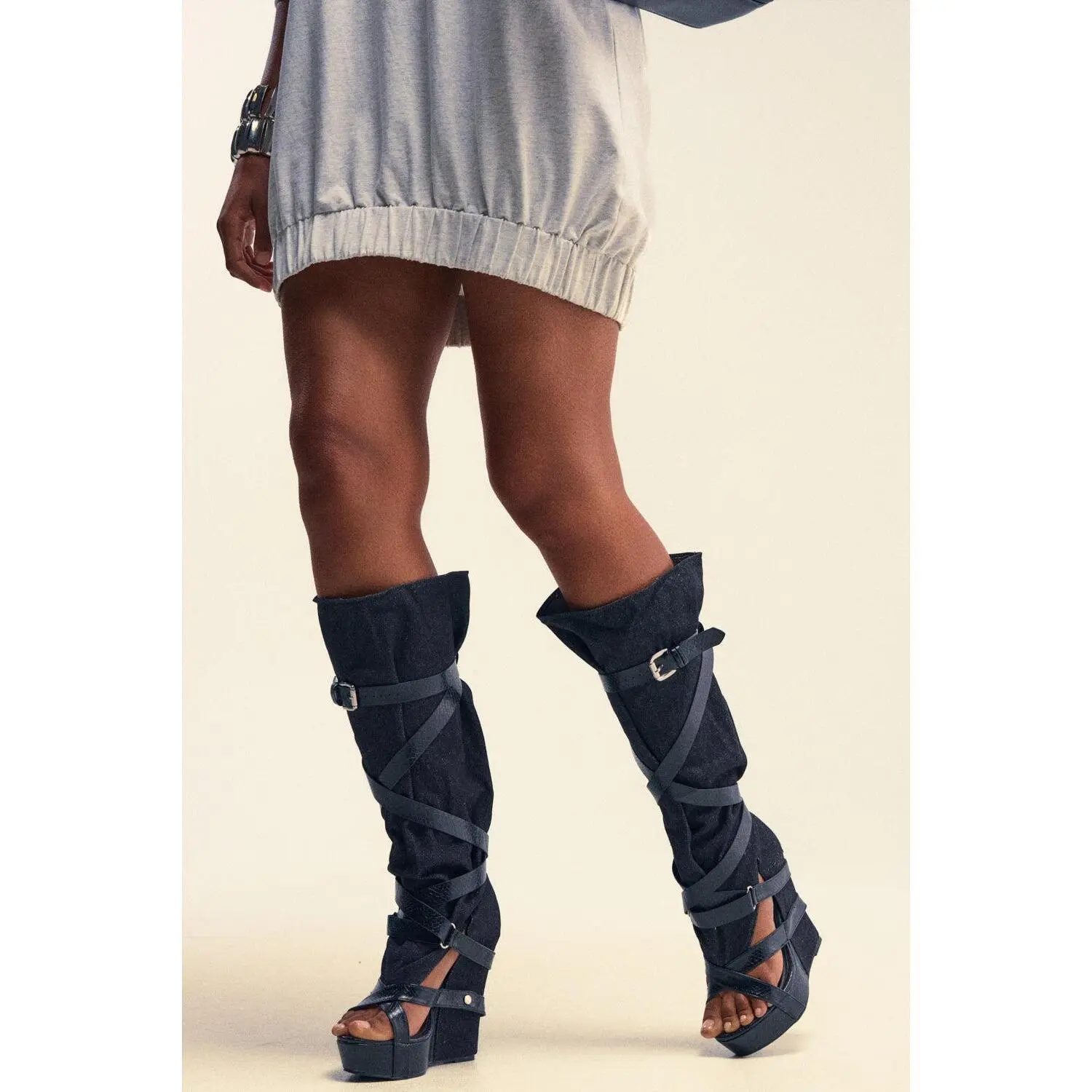 AZALEA WANG ROTHKID BLACK DENIM  KNEE HIGH OPEN TOE BOOT
