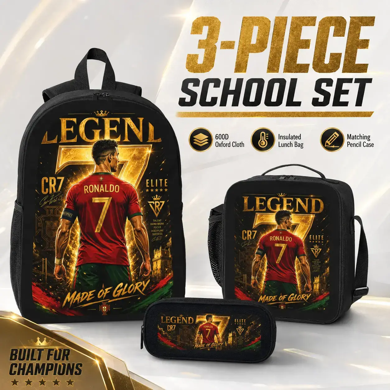 Unisex 3-Piece Backpack Set featuring a "Legend No. 7" design; includes a backpack with padded shoulder straps and side pockets, an insulated lunch bag, and a pencil case. Suitable for travel and school use.