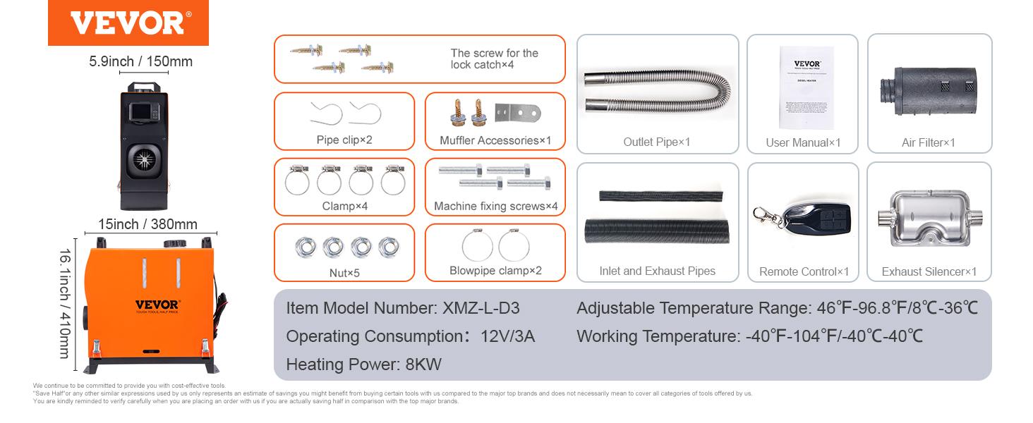 VEVOR Diesel Air Heater, Max. 8KW 12V All-on-one Diesel Heater with Bluetooth App and LCD, Automatic Altitude Adjustment Max 18045 ft, Portable Parking Heater Fast Heating Low Noise, Diesel Heater for Truck RV Trailer Camper Van Boat and Indoors VEVOR Diesel Air Heater, Max. 8KW 12V All-on-one Diesel Heater with Bluetooth App and LCD, Automatic Altitude Adjustment Max 18045 ft, Portable Parking Heater Fast Heating Low Noise, Diesel Heater for Truck RV Trailer Camper Van Boat and Indoors