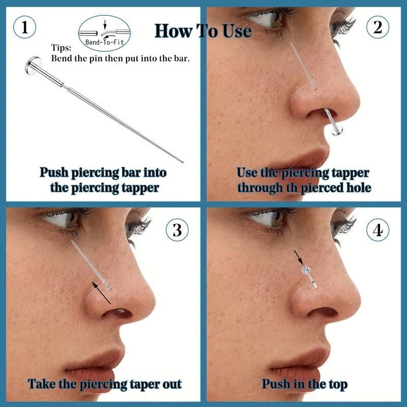 2D Flat - 25pcs Stainless Steel Body Piercing Jewelry Set | Taper Ball Grabber Tool, Charm Ear Studs, Nose Studs, Multi-Color, Synthetic Cubic Zirconia Earrings, 14G 16G 18G 20G, Flat Back Earring Applicator Tool