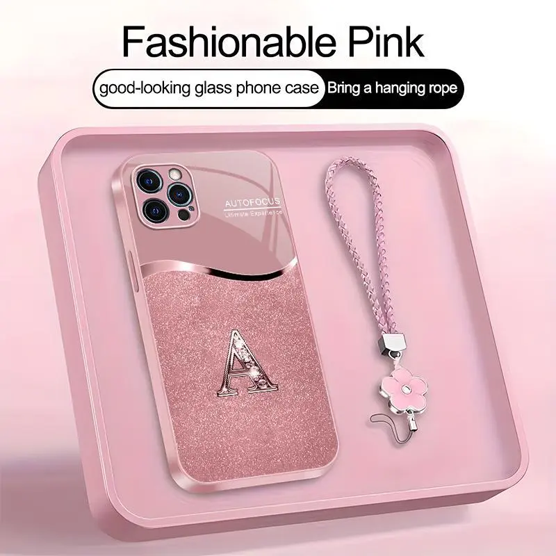 Luxury Pink Smartphone Casing with Lanyard & Custom A-Z Initial Letter, iPhone 12 Pro Phone Accessories for Device Protection -975