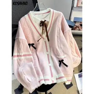 Sweet Bow Knitted Cardigans Y2k Aesthetic All Match Contrast Color Coats Fashion Single Breasted Women Kawaii JK Sweaters Jumper Can be used with raincoat
