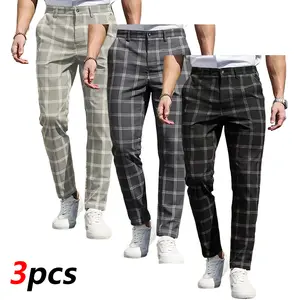 LIFE KEEPS MOVING Men’s Casual Plaid Pants, 3-Pack, with Pockets, Regular Fit, Comfortable for All Seasons, Suitable for Casual and Formal Occasions. Men's Slim Fit Stretch Khaki Pants