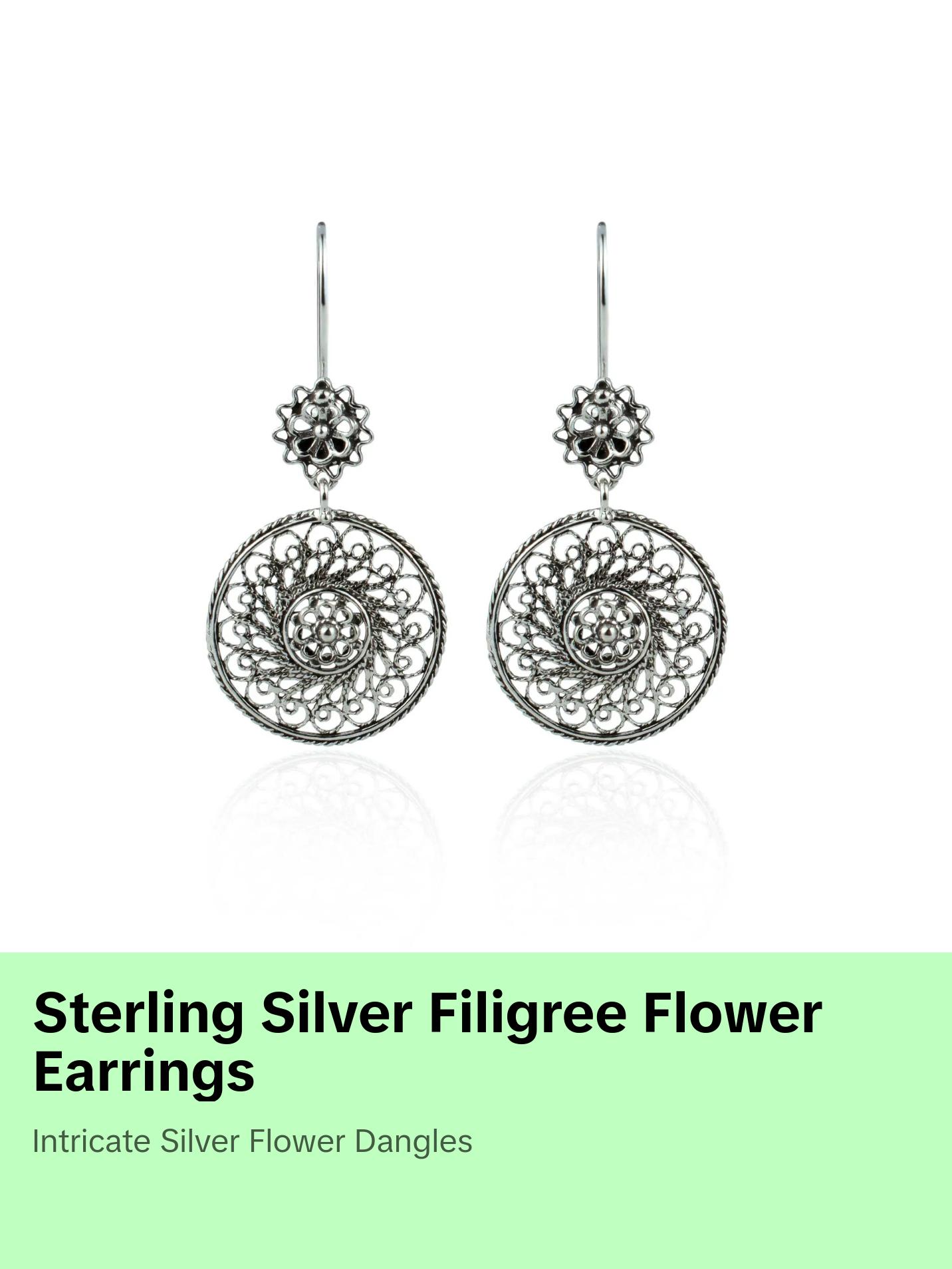Filigree Art Spiral Flower Figured Women Sterling Silver Dangle Drop Earrings