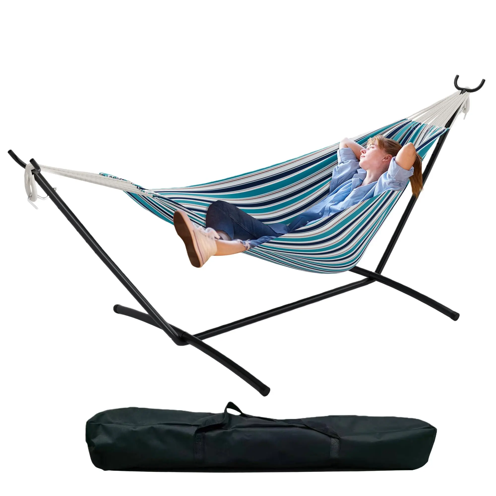 Double Hammock with Stand - Heavy Duty 450lbs Capacity, Portable Cotton Hammock for Two Adults, Indoor & Outdoor Use with Travel Bag, Ocean Stripe Pattern