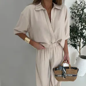 Joyfunear Women's Collared Shirt & Wide - Leg Pants Loungewear Set