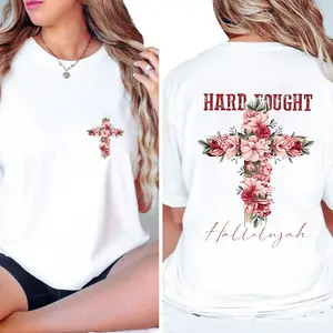 Hard Fought Hallelujah Floral Cross Graphic Tees - Stylish Vintage Minimalist Streetwear, Thoughtful Christian Couple Gifts, Timeless Easy-to-Pair Everyday Staple For Women [180G 100% cotton, lightweight and breathable, soft and comfortable]
