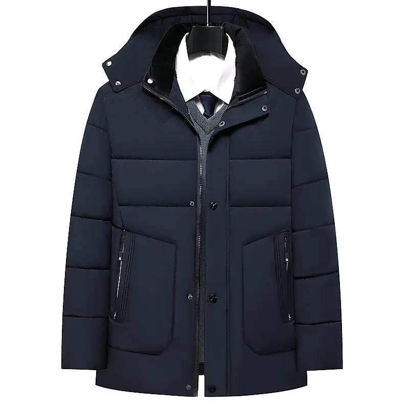 TJL Men's Black Quilted Polyester Puffer Coat - Detachable Hood, Longline, Loose Fit, Stylish Plain Tops with Zippered Pockets, Outdoor Men's Sports Down Jacket for Winter Business Casual Outerwear, Portable Outdoor Men's Sports Down Jacket