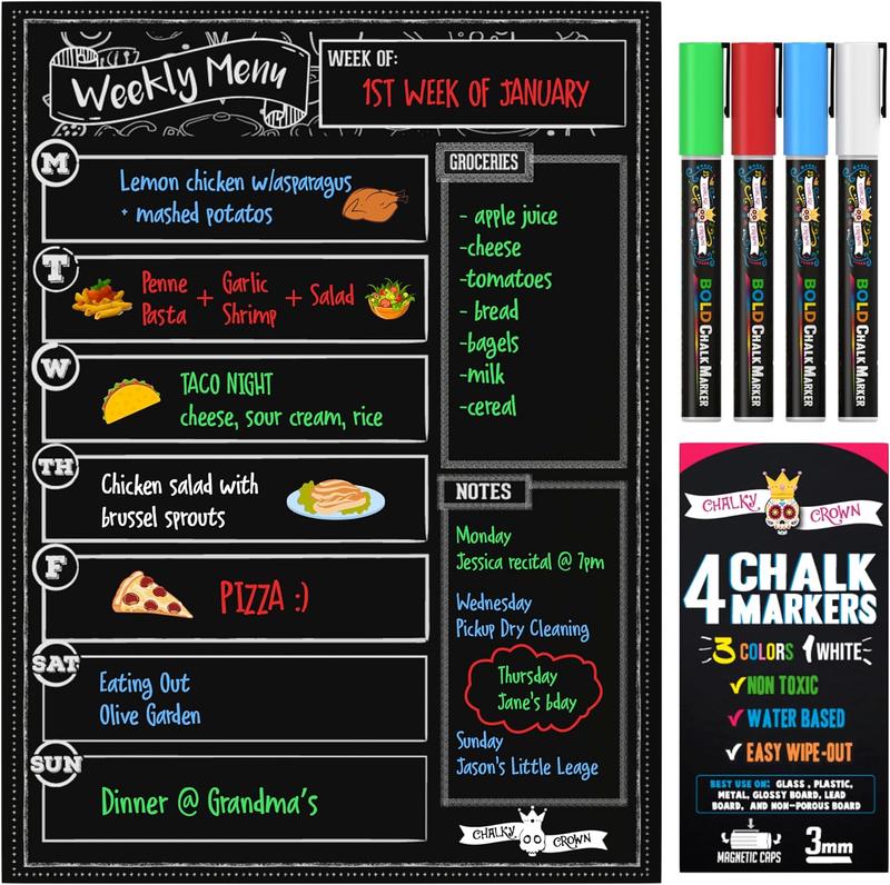 Magnetic Dry Erase Menu Board for Fridge – Weekly Meal Planner Chalkboard with 4 Liquid Chalk Markers, Grocery List & Notepad for Kitchen Refrigerator