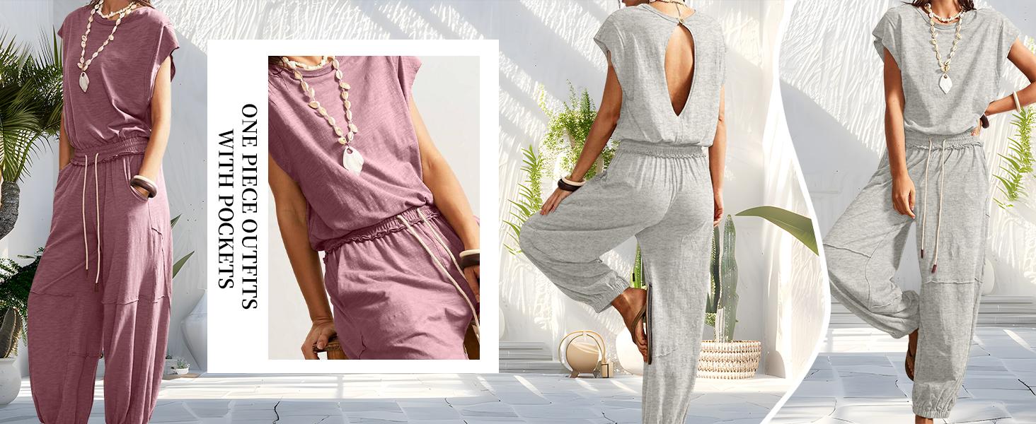 WoodBerry Women's Casual Sleeveless Jumpsuit Dressy Summer Business Outifts Open Back Loose Workout Onesie Drawstring Romper With Pockets