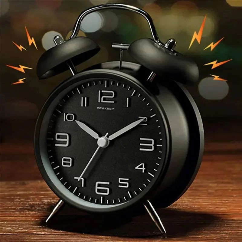 High Quality 4-in Round Analog Tabletop Alarm Clock - Metal Frame, 3D Dial, Backlit Display, Battery-Operated, Modern Compact Twin Bell Sound, for Home & Office Decor, Ideal for Low Carbon Lifestyle, Analog Clock