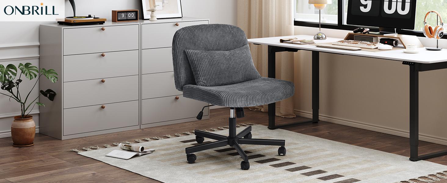 【Massage & Cozy Cushion】ONBRILL Criss Cross Chair with Wheels, Massage Cross Legged Office Chair with Double Layer Sponge Cushion, Corduroy Wide Armless Office Desk Chair Mid Back Swivel Vanity Chair for Home Office, Bedroom Furniture