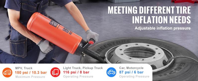 VEVOR Tire Bead Seater, 150 PSI Handheld Tire Bead Seater , 2.4 Gal/9 L Air Tire Bead Blaster, Portable Tire Inflator Tool, 87-116 PSI Operating Pressure for Tractor Truck ATV Car and Automobile Repair，Operating Pressure Tire Bead Seater,