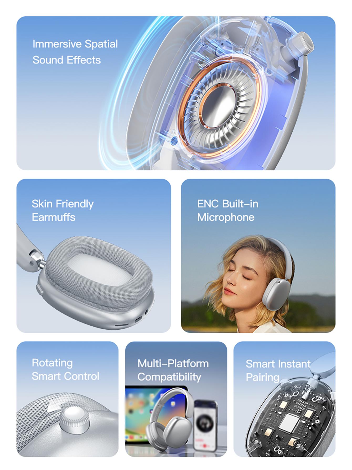 Wireless Bluetooth Headphones, Over-Ear, Deep Base, Foldable, Mic for iOS/PC Headphones Android Memory Headset, Travel Headphones, Perfect Gift for Men Women, Sliver