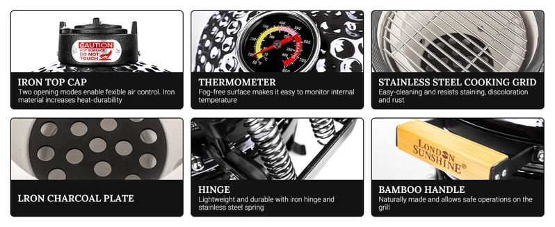 London Sunshine Ceramic BBQ Charcoal Kamado Grill 13 inch Portable Tabletop BBQ Grill Light Gray