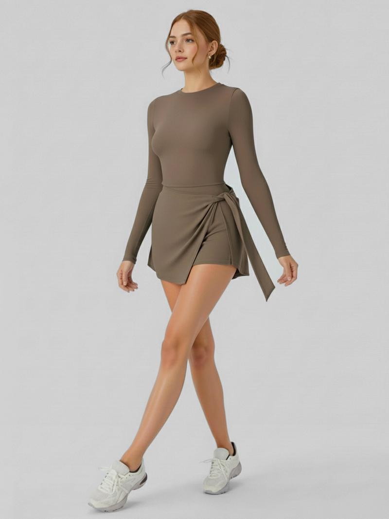 Women's Long Sleeve Solid Color Tennis Dress with Side Slit & Built-in Shorts for Yoga Golf & Athletic Activities High Stretch Nylon Sports Dress Crew Neck Spring Summer