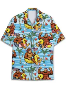 Quick-Dry Bigfoot Hawaiian Shirt, Duck American Flag Design Summer Button Down Shirt, Tropical Aloha Shirt, Gift for Him or Her