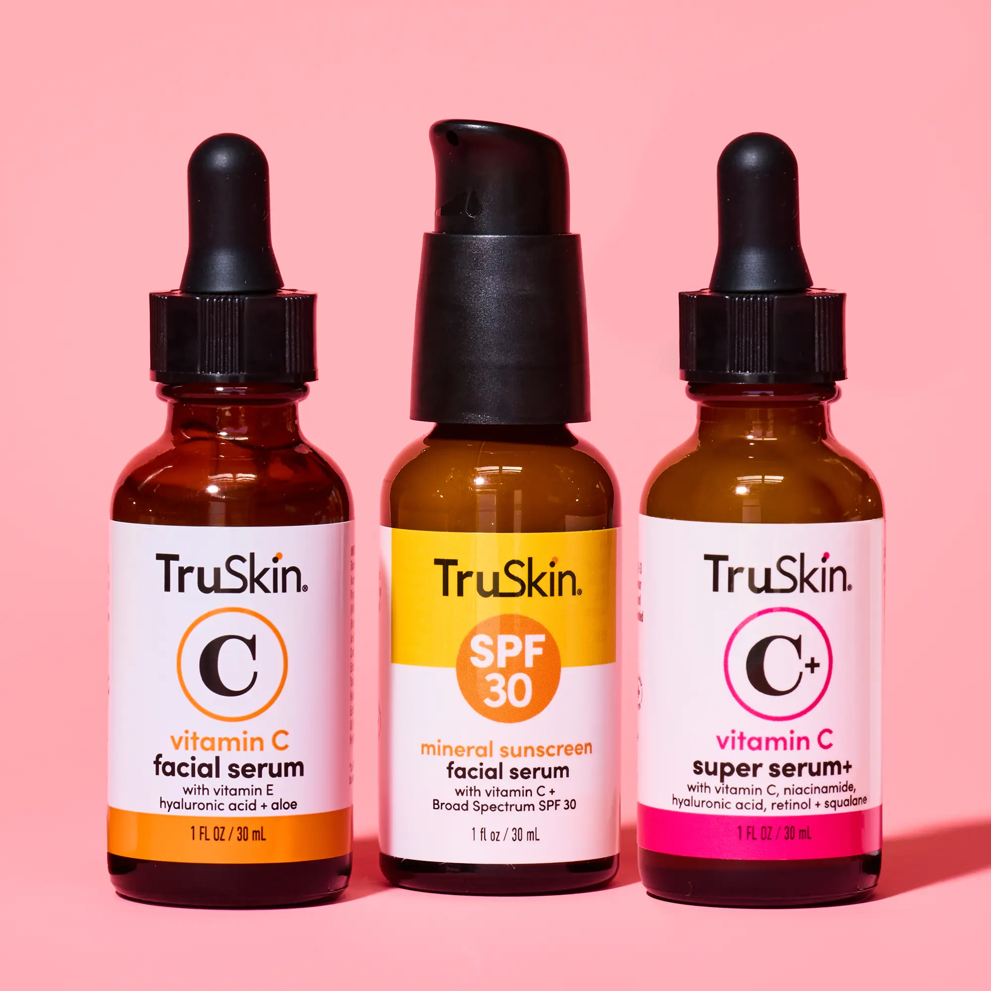 TruSkin Complete Radiance Trio -  Vitamin C Facial Serum with Hyaluronic Acid & Aloe + SPF 30 Mineral Sunscreen Facial Serum with Vitamin C & Hyaluronic Acid + Vitamin C Super Serum Plus with Retinol & Niacinamide