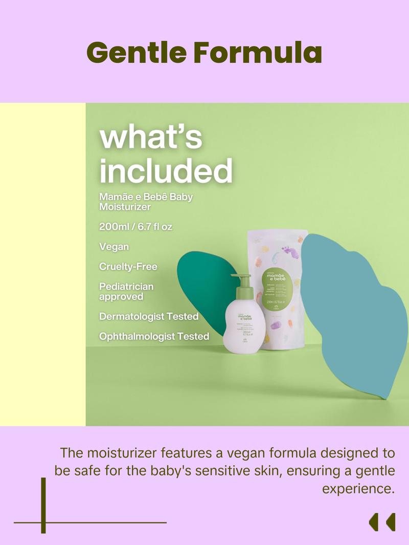 Natura  Mamãe e Bebê Baby Moisturizer, Fast Absorbing Lotion with 100% Vegetable Oils & Cupuaçu Butter, Gentle Skin Care Formula