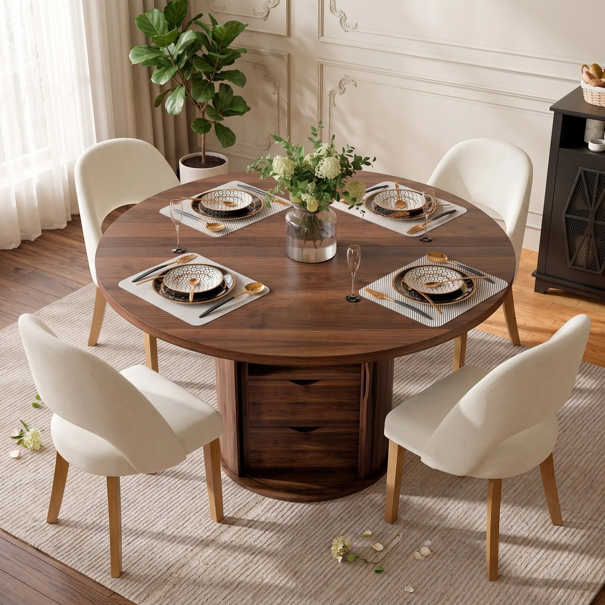 ABCASA 47.2" Round Dining Table & Upholstered Chairs Set, Wood Pedestal Dining Room Table with Storage Shelf, Space-Saving Kitchen Furniture Set