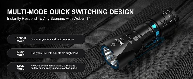 Wuben T4 Rechargeable EDC Outdoor Flashlight - 850 Lumens, 3 Modes, Waterproof, Tactical Aluminum Torch for Security, Emergency, Hiking - Lighting