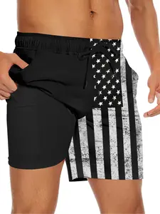 Men's American Flag Swim Trunks, Quick Dry Board Shorts, Black Swimsuit Swimwear Bathing Suit