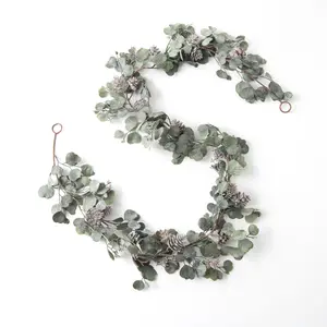 Candlelit Evenings - Faux Dusty Green Silver Dollar Eucalyptus & Pinecone Christmas Mantel Garland or Winter Table Runner