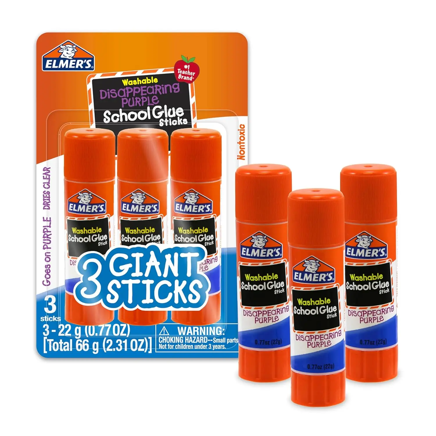 Disappearing Purple Washable Glue Sticks, 3-Count 22g, Strong Adhesive for Paper/Cardboard, Ideal for Kids’ Back to School Supplies, Arts & Craft, Classroom Projects