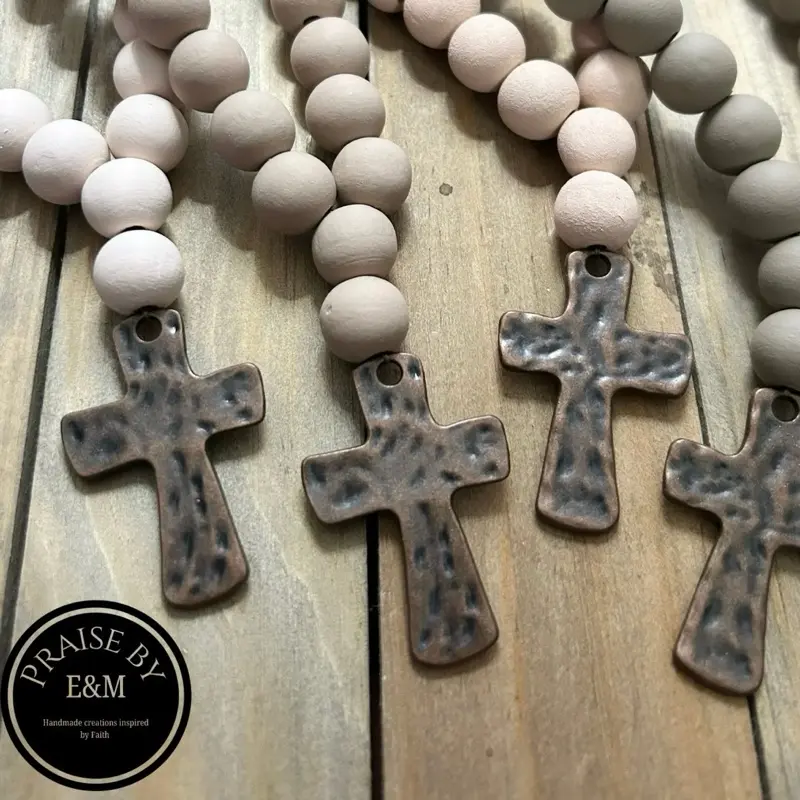LIMITED TIME  44x30mm Hammered Cross-Antique Copper-Wood Bead Car Charm- Christian Car Accessories