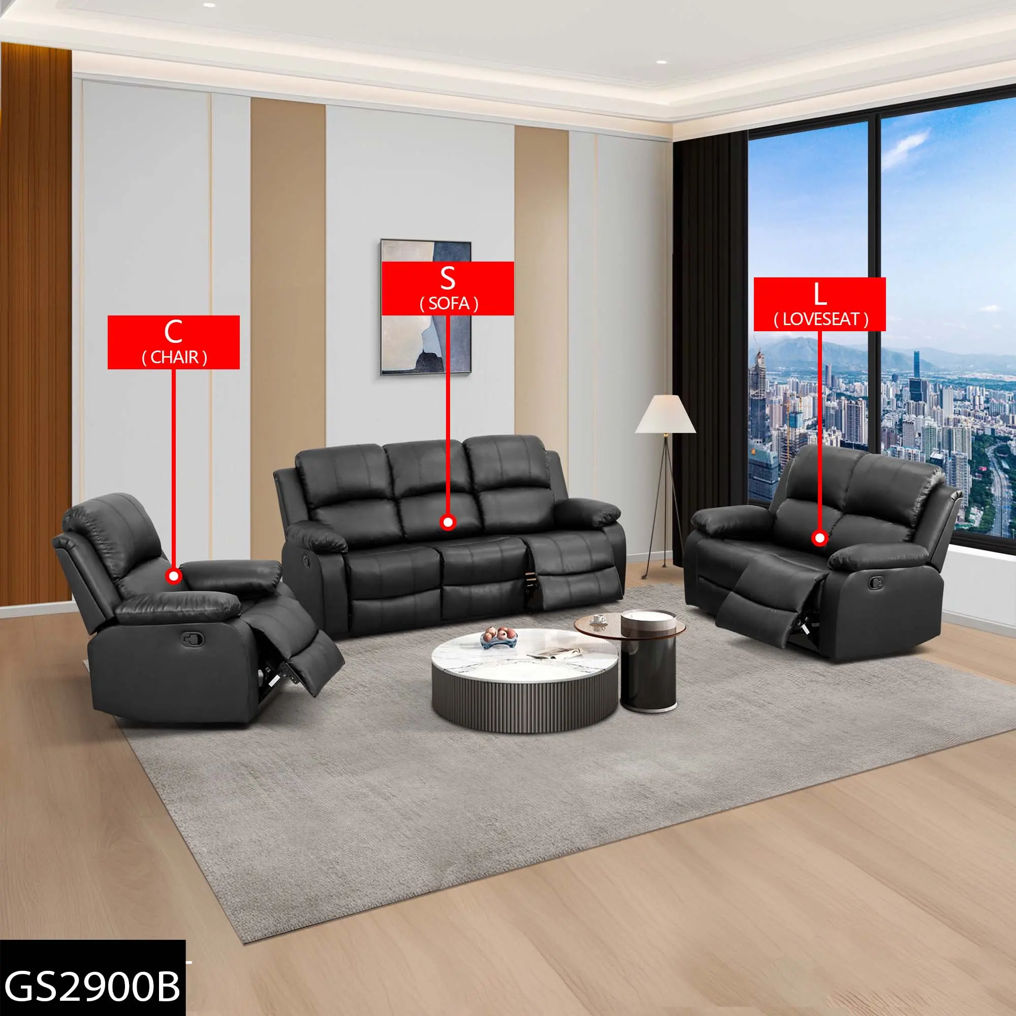 Bonded Leather Recliner Sofa Set Living Room Furniture Sets Modern Manual Reclining Sofa Set Loveseat Couch Chair Set with Cup Holders & Storage Console for Home/Office