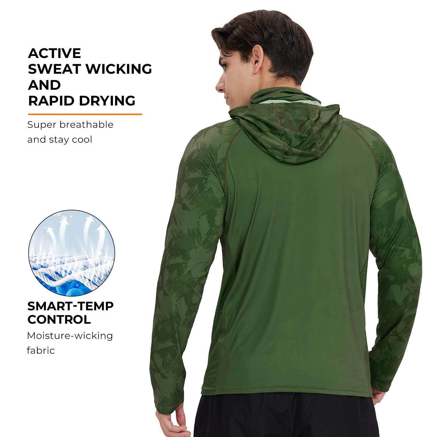 【RODEEL】915 Sun Hoodie Shirts w/ Mask Neck Gaiter Men UPF 50+ UV Protection Long Sleeve Lightweight Quick Dry Moisture Wicking Breathable Cooling Athletic Activewear for Outdoor Sport Fishing Boating Hiking Cycling Roofing Construction Tree Service