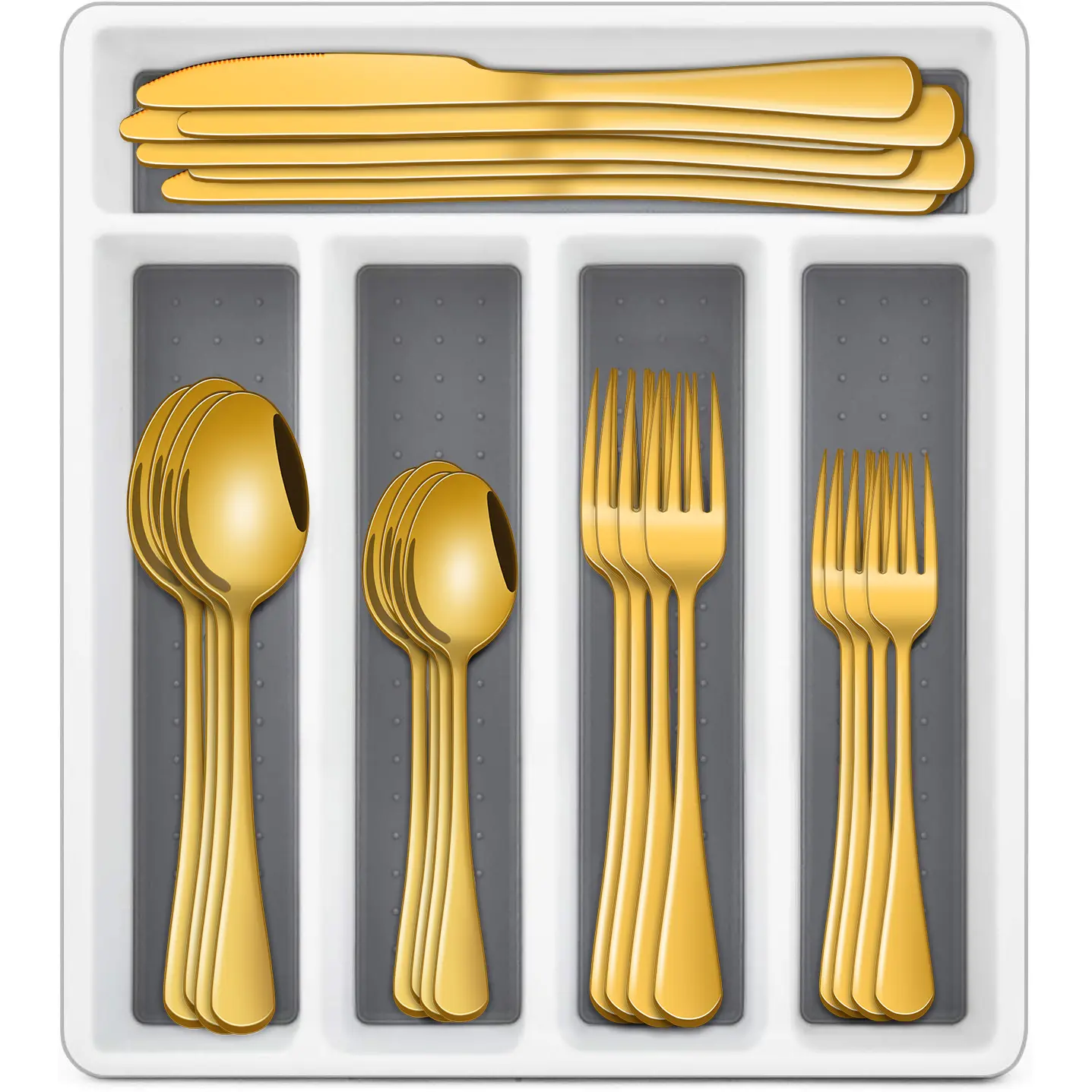 60Pcs Gold Stainless Steel Silverware Set with Steak Knives & Organizer, Dishwasher Safe Flatware Set, Mirror Polished Cutlery Utensil Set for Home Kitchen Restaurant