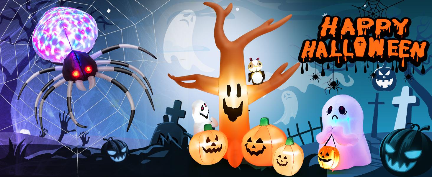 COSTWAY Halloween Inflatables Decoration with LED Lights, Giant Blow up Pumpkin/Dragon/Spider/Ghost/Clown/Scarecrow/Dead Tree, Outdoor Halloween Decorations with Built-in LED Lights for Lawn, Yard, Garden, Patio, Indoors