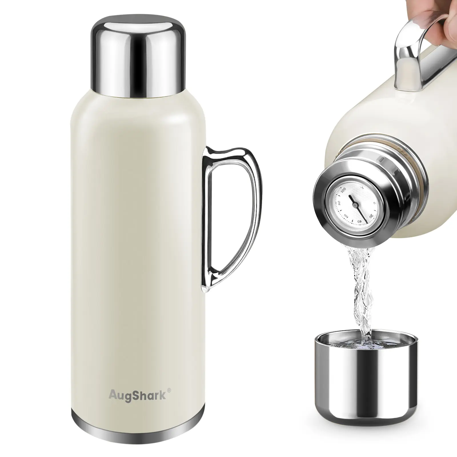 Augshark 34 oz Portable Insulated Water Tumbler - Double Wall Vacuum Stainless Steel Flask, Bottled Drinkware with Handle, Metal Mechanical Temperature-Measuring Lid, Stopper, Leakproof, Pour-Friendly, 36h Cold/24h Hot Retention for Coffee Travel Use