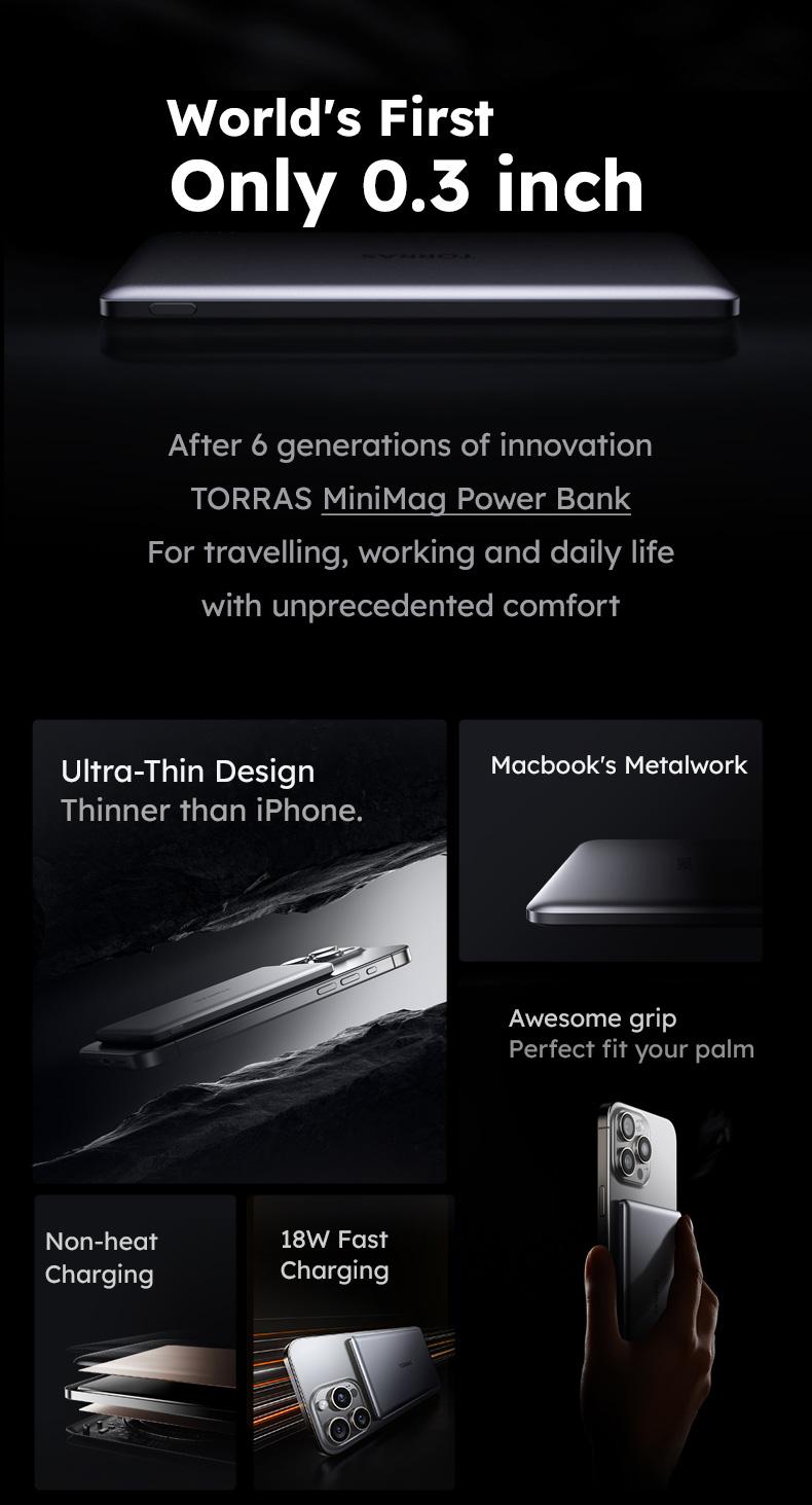 TORRAS MiniMag Power Bank Ultra Slim 5,000/10,000mAh 0.3 in Wireless MagSafe Portable Charger with USB-C Cable, Fast Charging Magnetic Battery Pack for iPhone 16/15/14/13/12 Pro Max