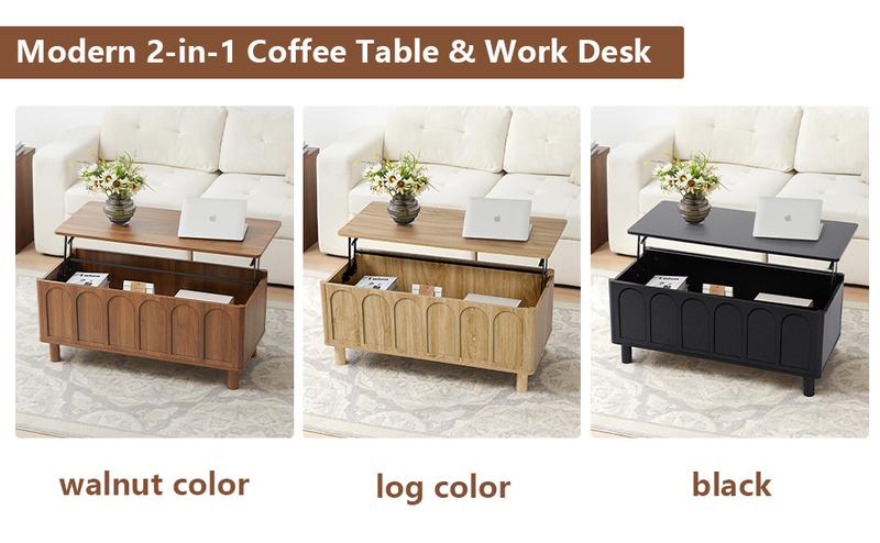 Giratree Lift Top Coffee Table with Arched Finish, Modern Coffee Table with Lifting Tabletop & Hidden Storage, Wood Center Table for Living Room,Convenient for Dining, Gaming or Working