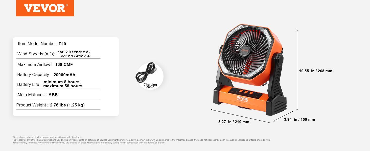 VEVOR Portable Fan Rechargeable 8 inch, TikTokShopBlackFriday, Battery Powered Fan with LED Lantern, 4 Speeds Adjustable Portable Small Table Fan Personal, USB Battery Operated Fans for Travel Bedroom Home Camping Office